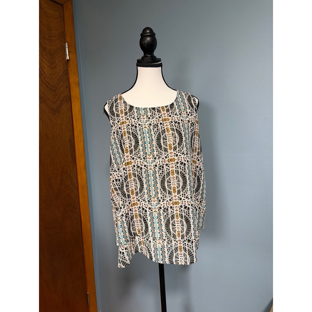 Sami & Jo Womens Medium Sleeveless Geometric Tribal Print Blouse Blue Orange